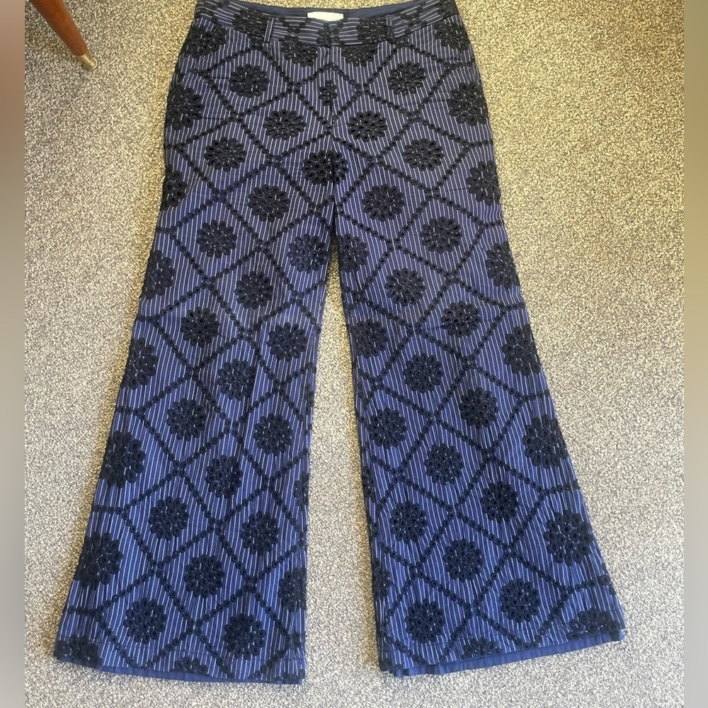Anthropologie navy pinstripe pants with eyelet detail
